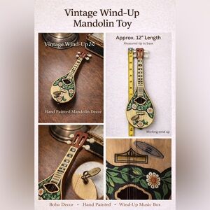 Vintage Wind Up Mandolin Toy Hand Painted Floral Music Box Boho Decor~ working!